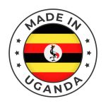 Made in Uganda - Vector Graphics. Round Simple Label Badge Emblem with Flag of Uganda and Text Made in Uganda. Isolated on White Background